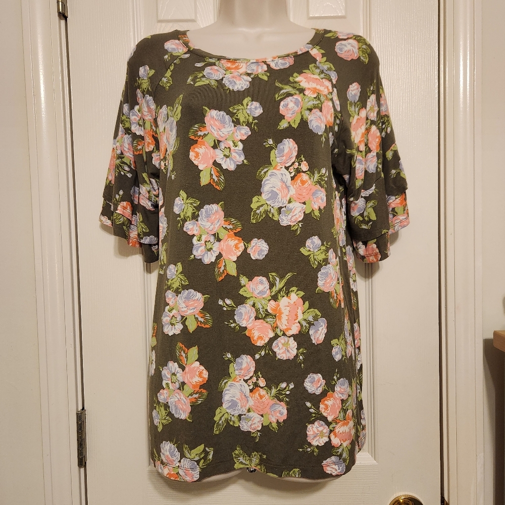💐 Matilda Jane Olive Green Floral Ruffled-Sleeve Top Size Small
